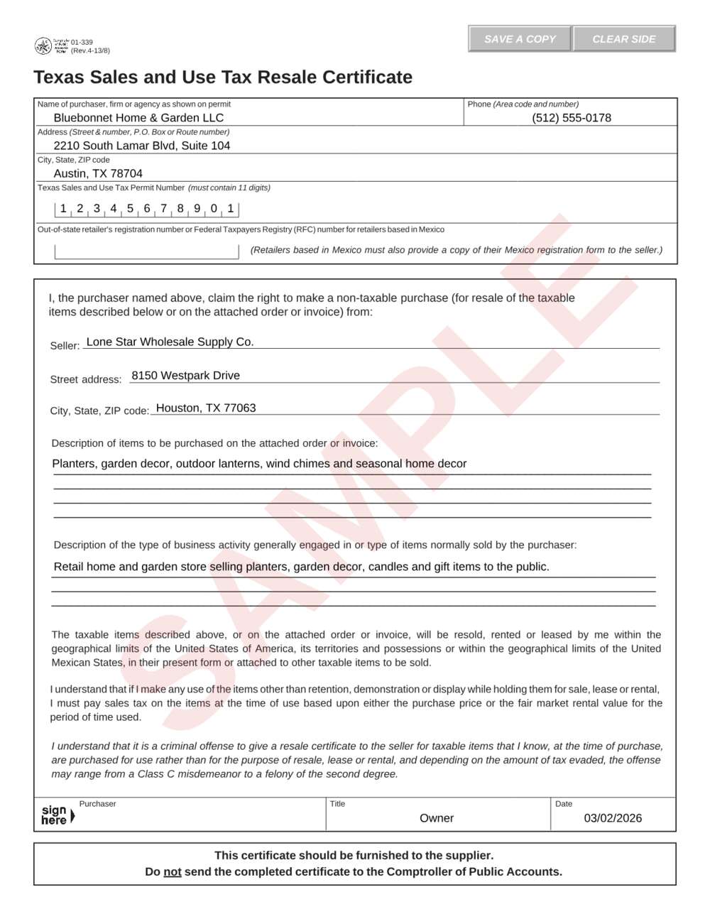Form 01-339 example: page 1 filled out with sample data