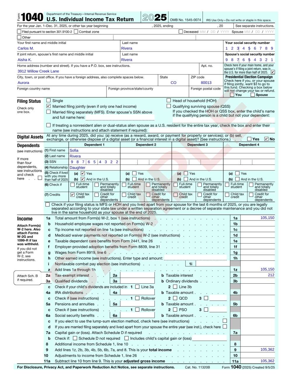 Form 1040 example: page 1 filled out with sample data