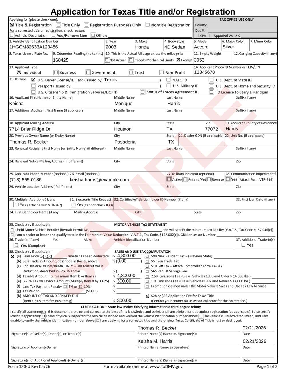Form 130-U example: page 1 filled out with sample data