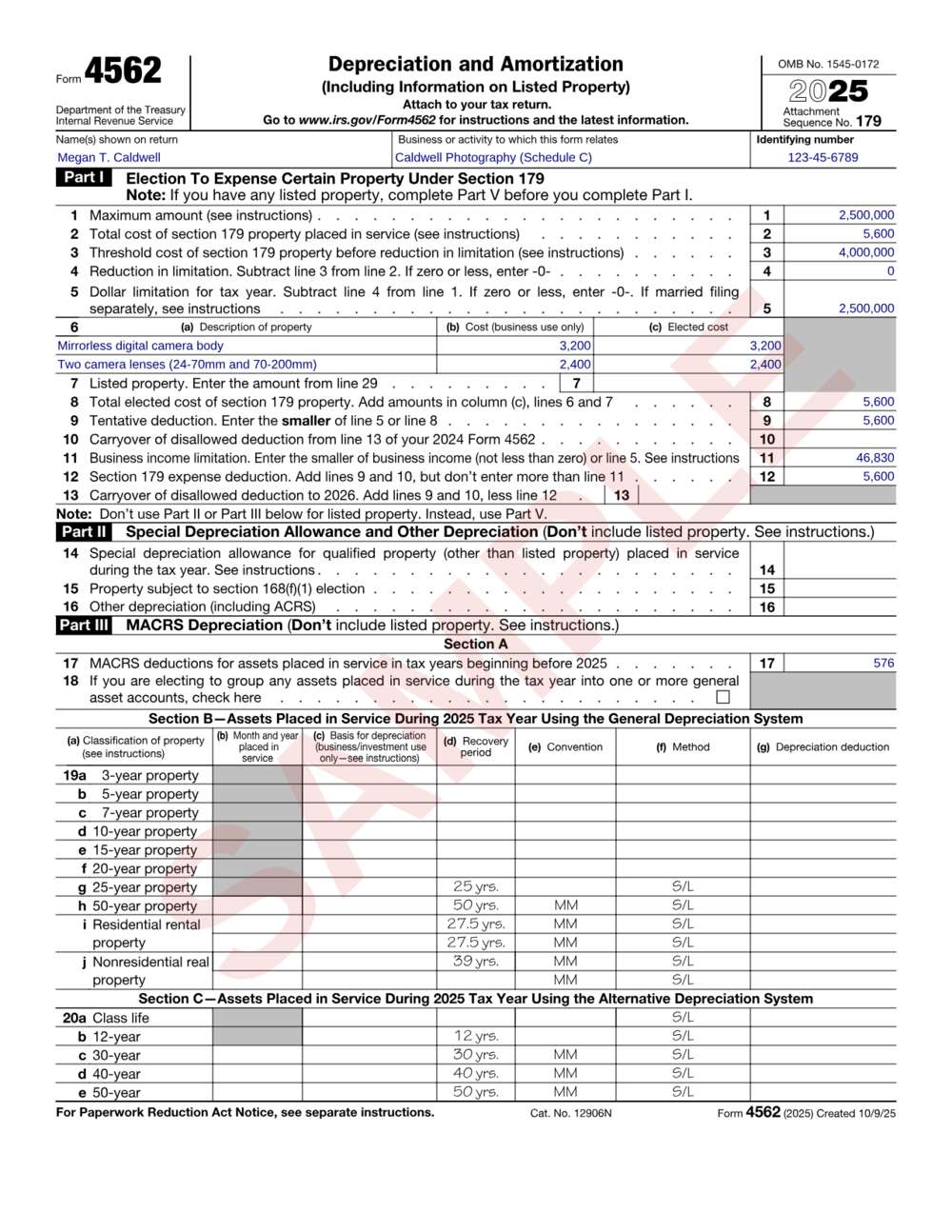 Form 4562 example: page 1 filled out with sample data