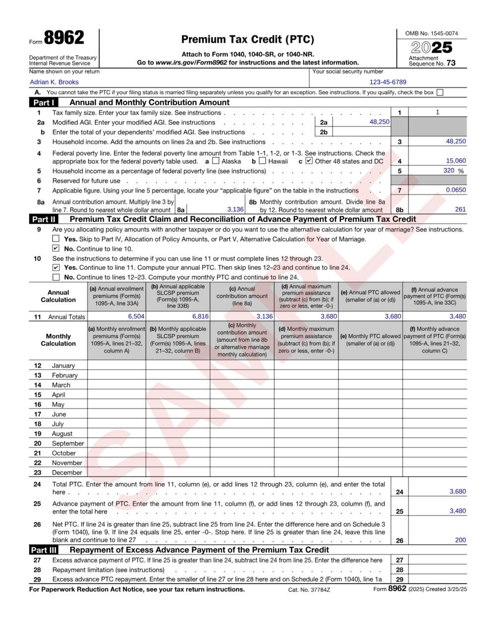 Form 8962 example: page 1 filled out with sample data
