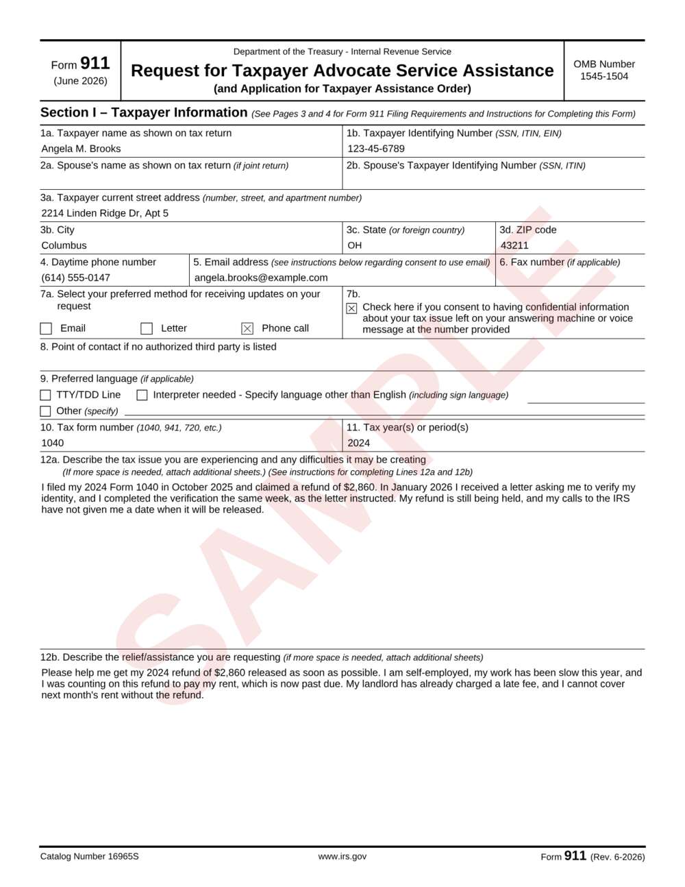 Form 911 example: page 1 filled out with sample data