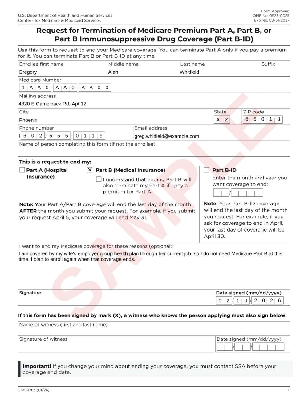Form CMS-1763 example: page 1 filled out with sample data