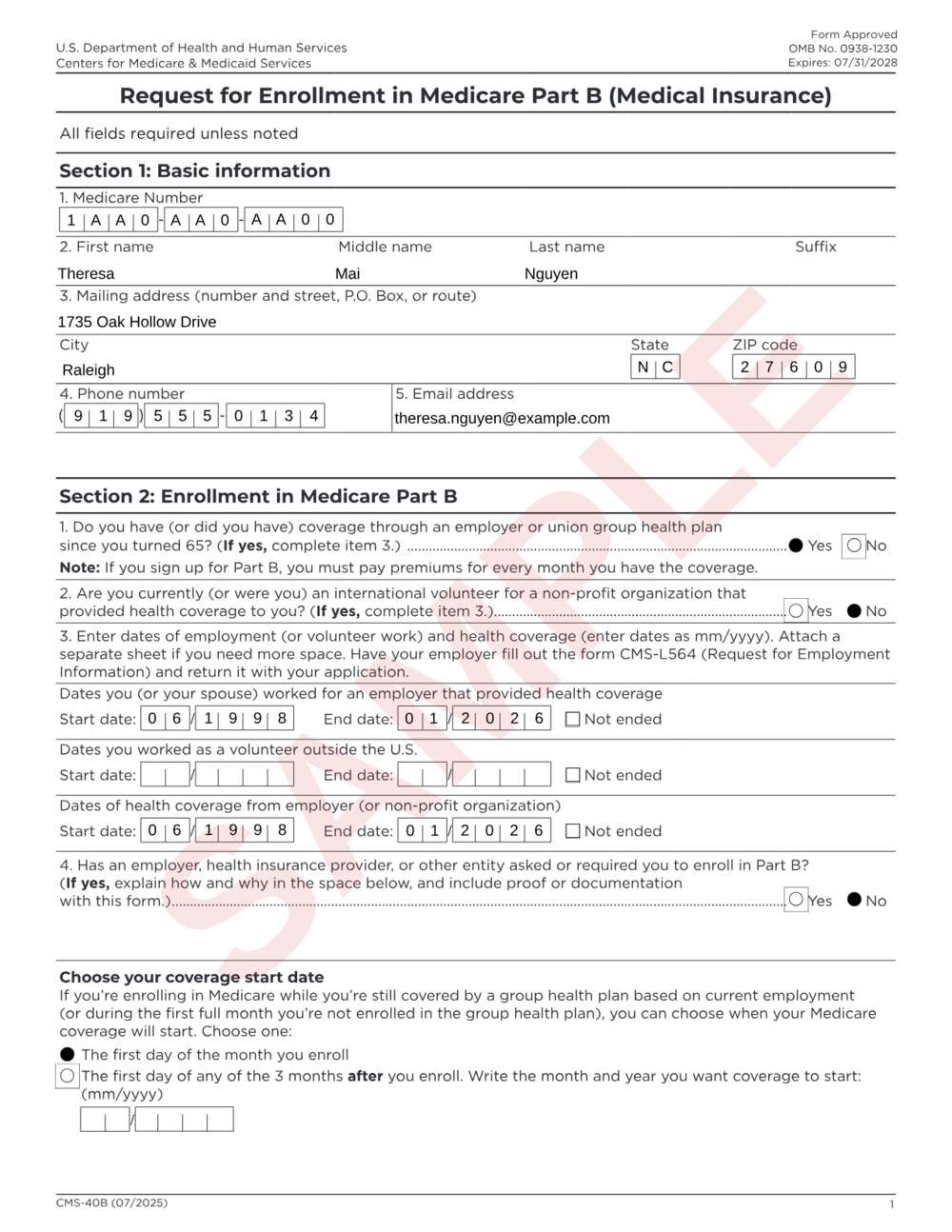 Form CMS-40B example: page 2 filled out with sample data