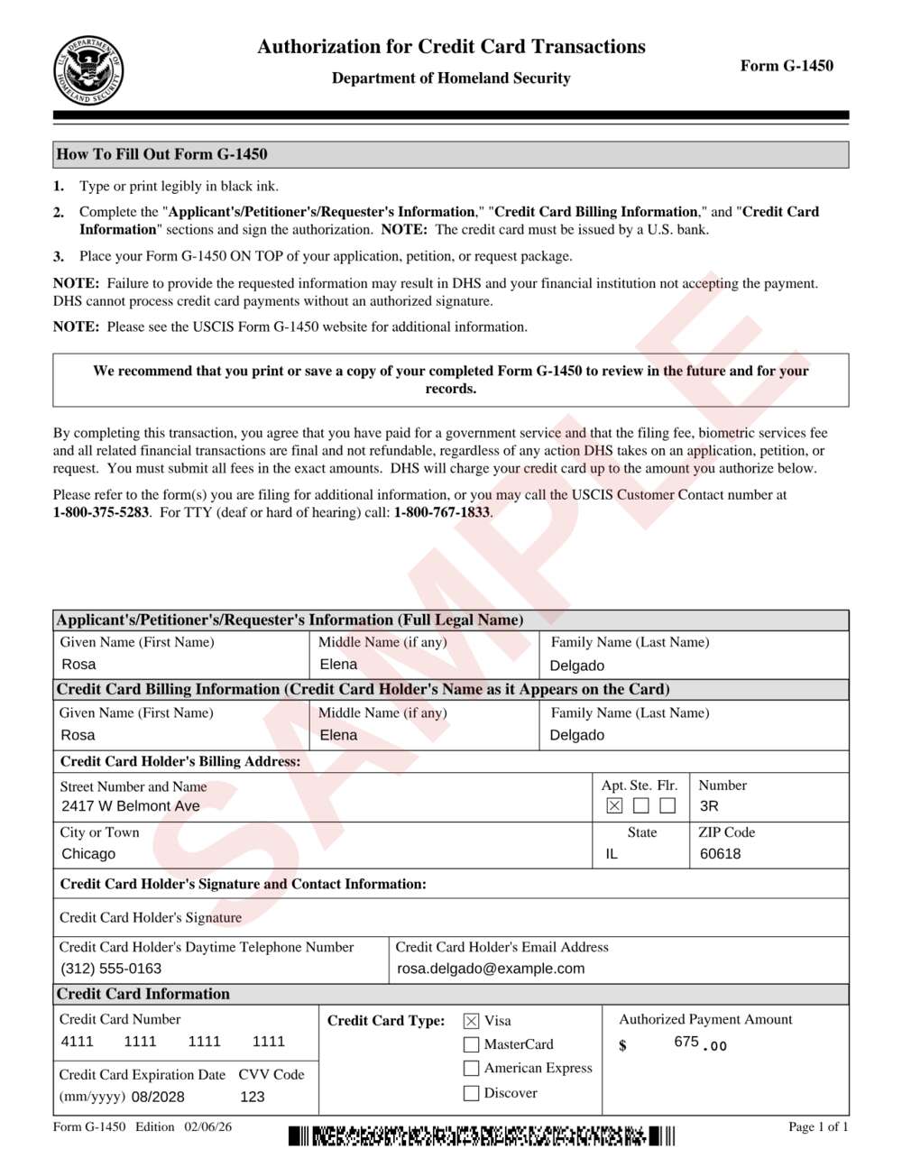 Form G-1450 example: page 1 filled out with sample data