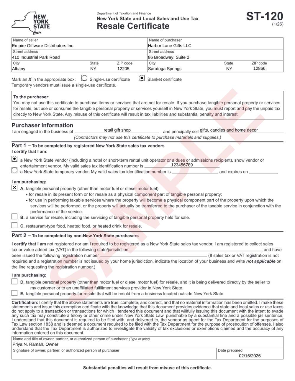 Form ST-120 example: page 1 filled out with sample data