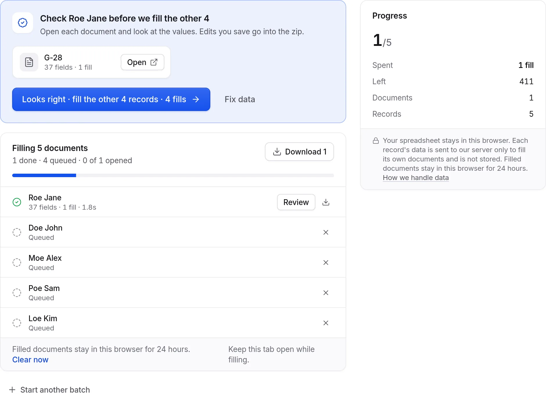 The first record filled and waiting for review before the other four