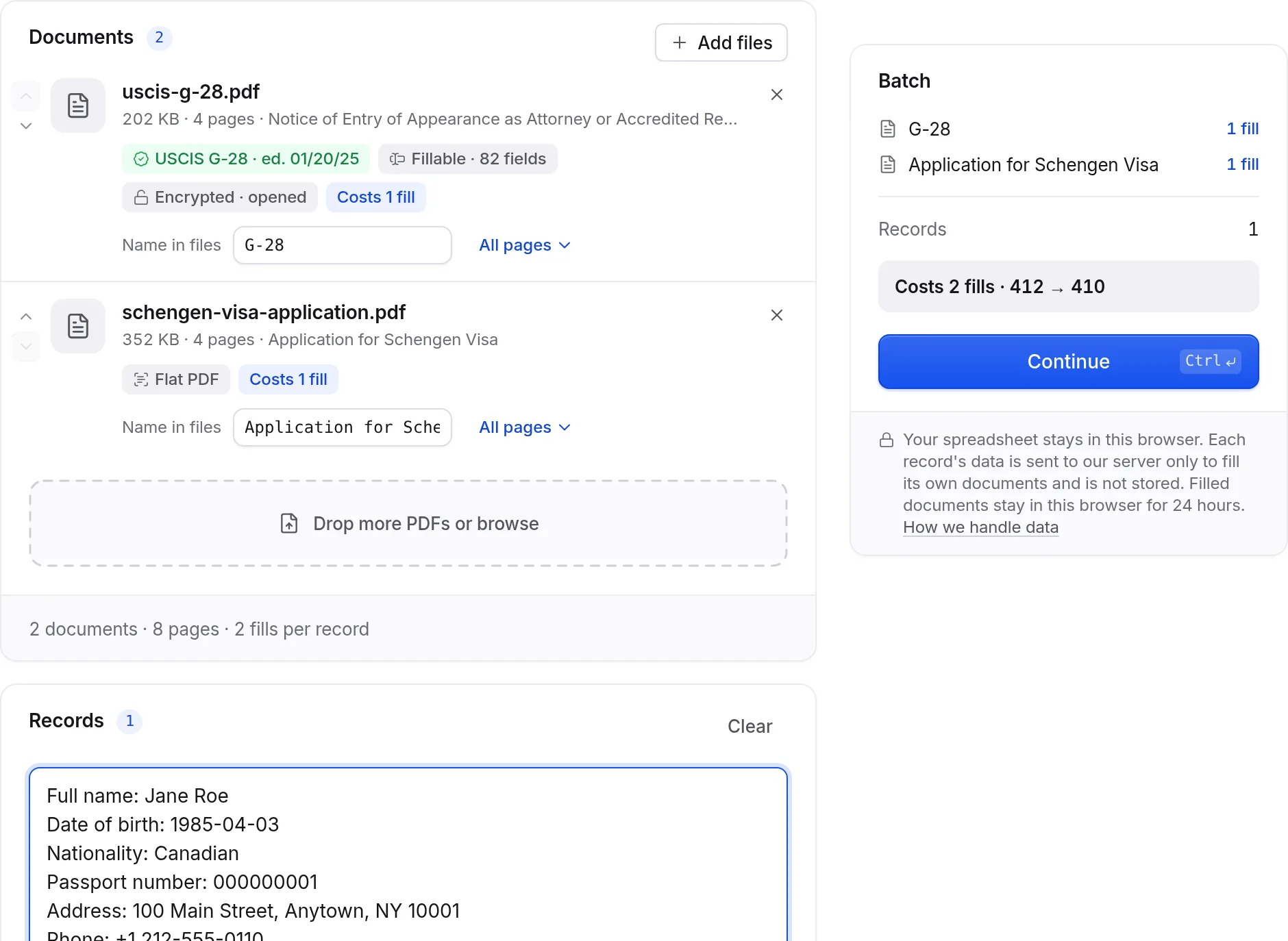 Bulk fill with a G-28 and a Schengen form for one client and shared agency details
