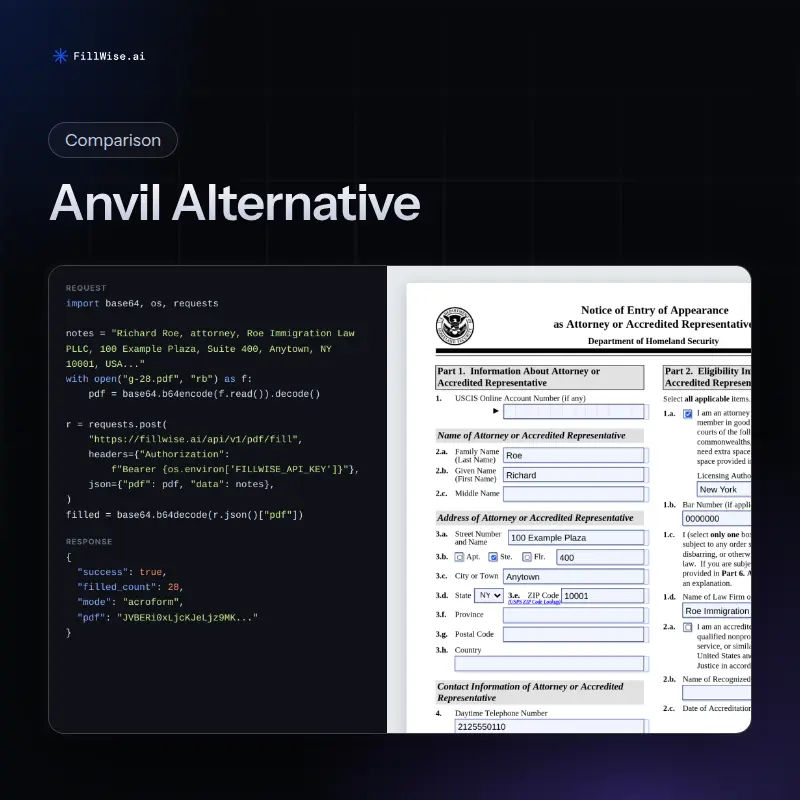 A Python request to the FillWise PDF API and its response, next to the filled first page of a USCIS G-28