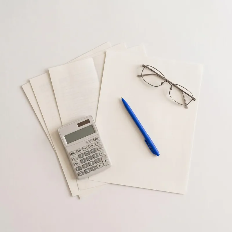 Printed tax forms with a calculator and reading glasses