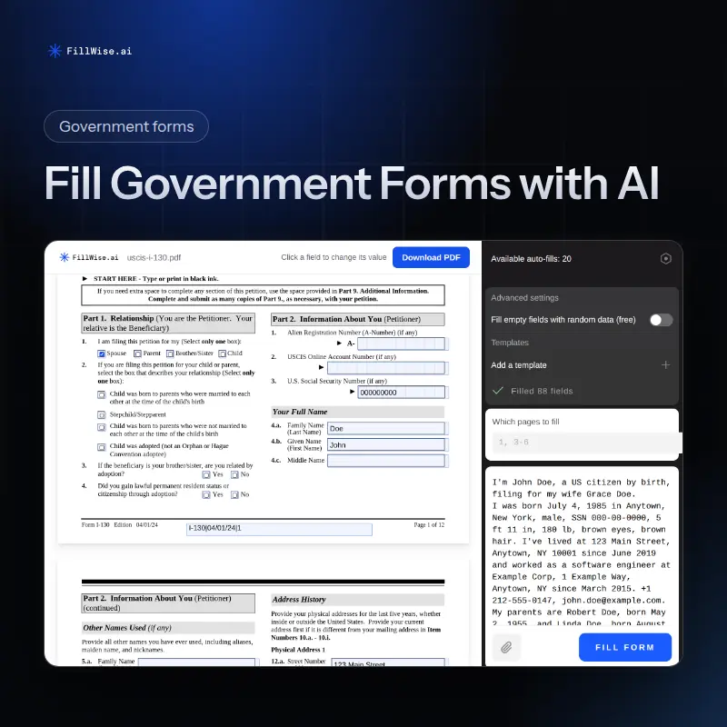 A USCIS Form I-130 filled in from client notes, the relationship ticked and the petitioner's name entered, next to the FillWise side panel