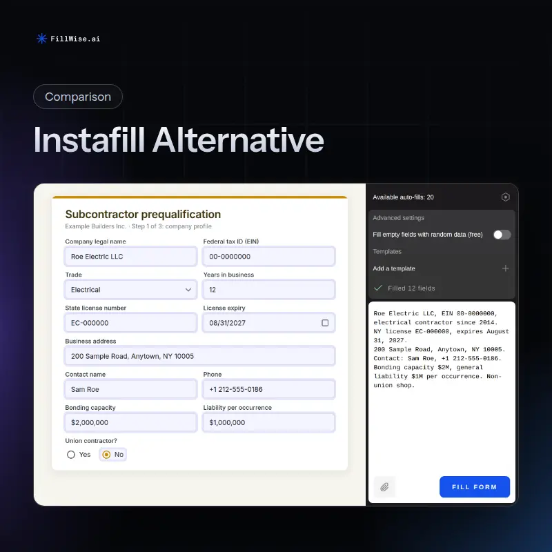 A subcontractor prequalification web form filled in from company notes in the FillWise side panel