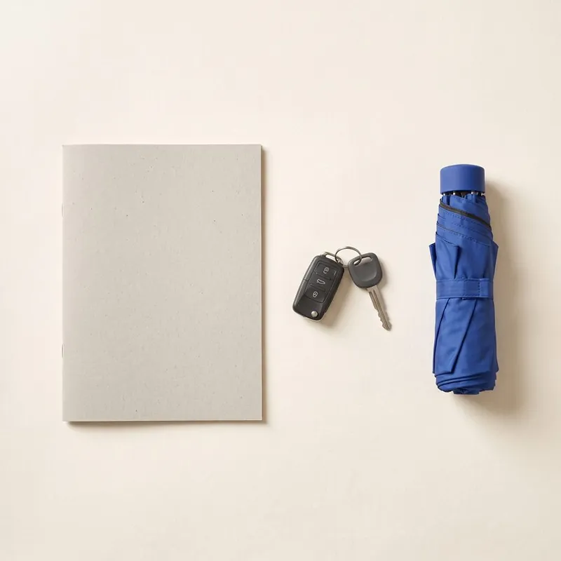 An insurance policy folder with a car key and a folded umbrella