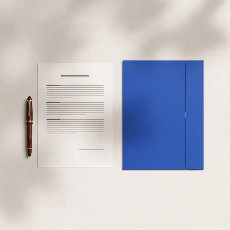 A contract with an empty signature line, a pen and a document folder