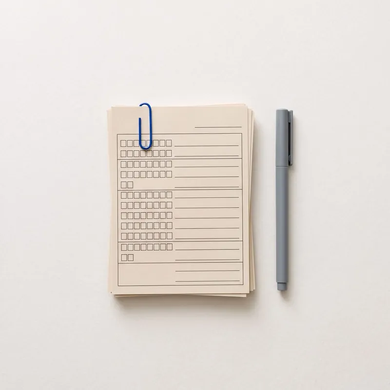 A clipped stack of blank printed forms next to a pen
