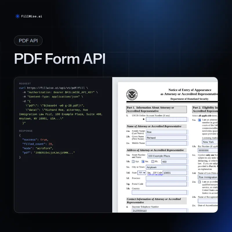 A curl request to the FillWise PDF API and its JSON response, next to the filled first page of a USCIS G-28