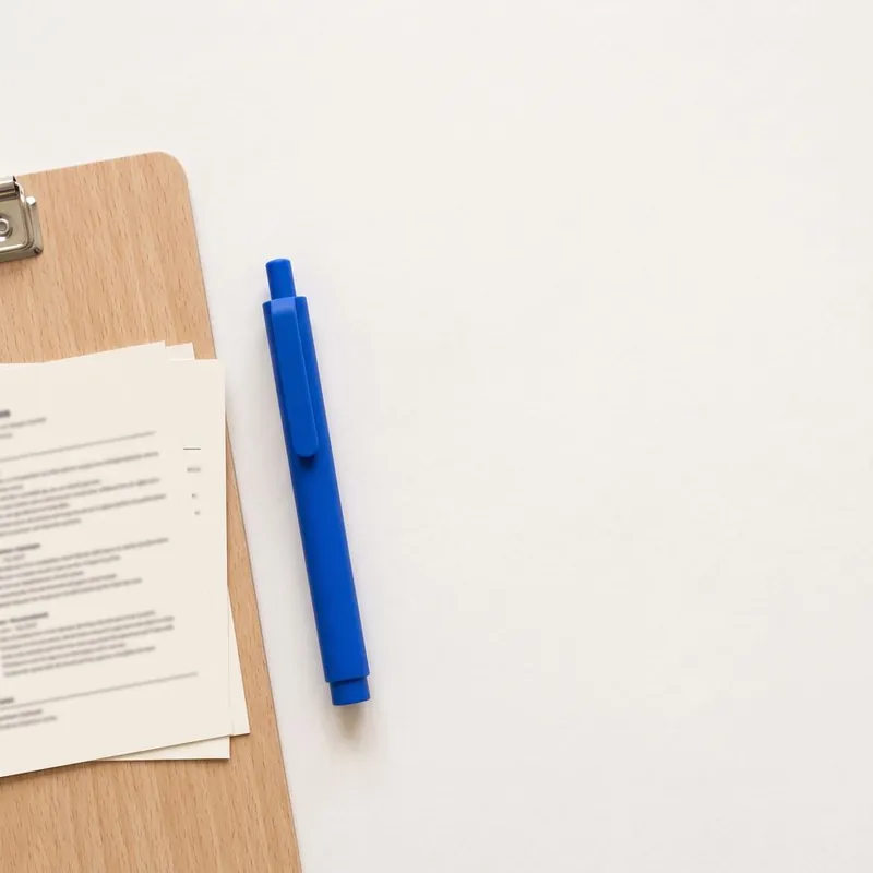 Printed CVs on a clipboard next to a pen