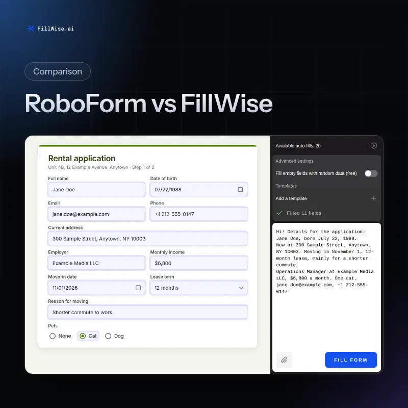 A rental application with the applicant's contact, job, income and move-in details filled in from an email in the FillWise side panel