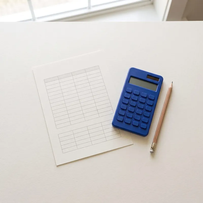 A printed spreadsheet grid with a calculator and a pencil