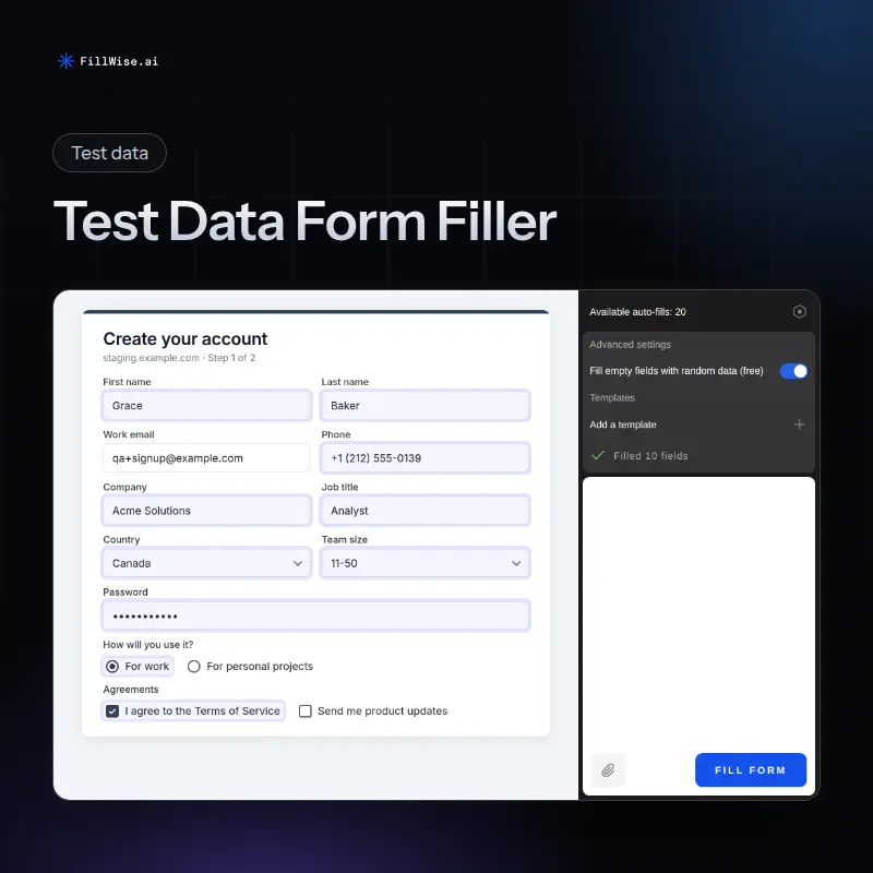 A staging signup form filled with generated test data, next to the FillWise side panel with random data switched on