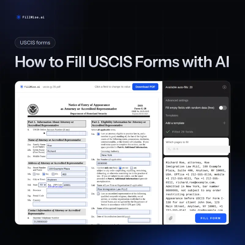 A USCIS G-28 PDF filled in from attorney and client notes, next to the FillWise side panel