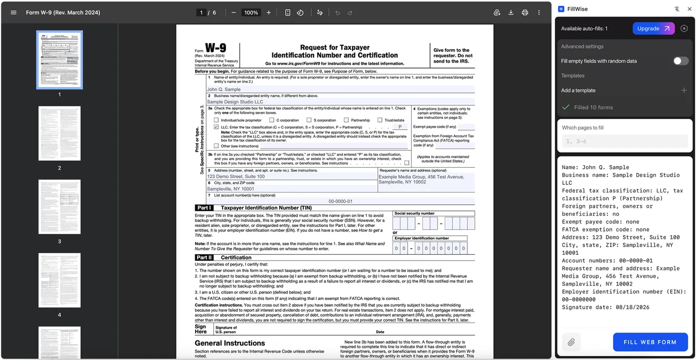 An IRS Form W-9 open in a Chrome tab, filled by FillWise from the company profile pasted into the side panel: entity and business name, LLC tax classification, address and EIN