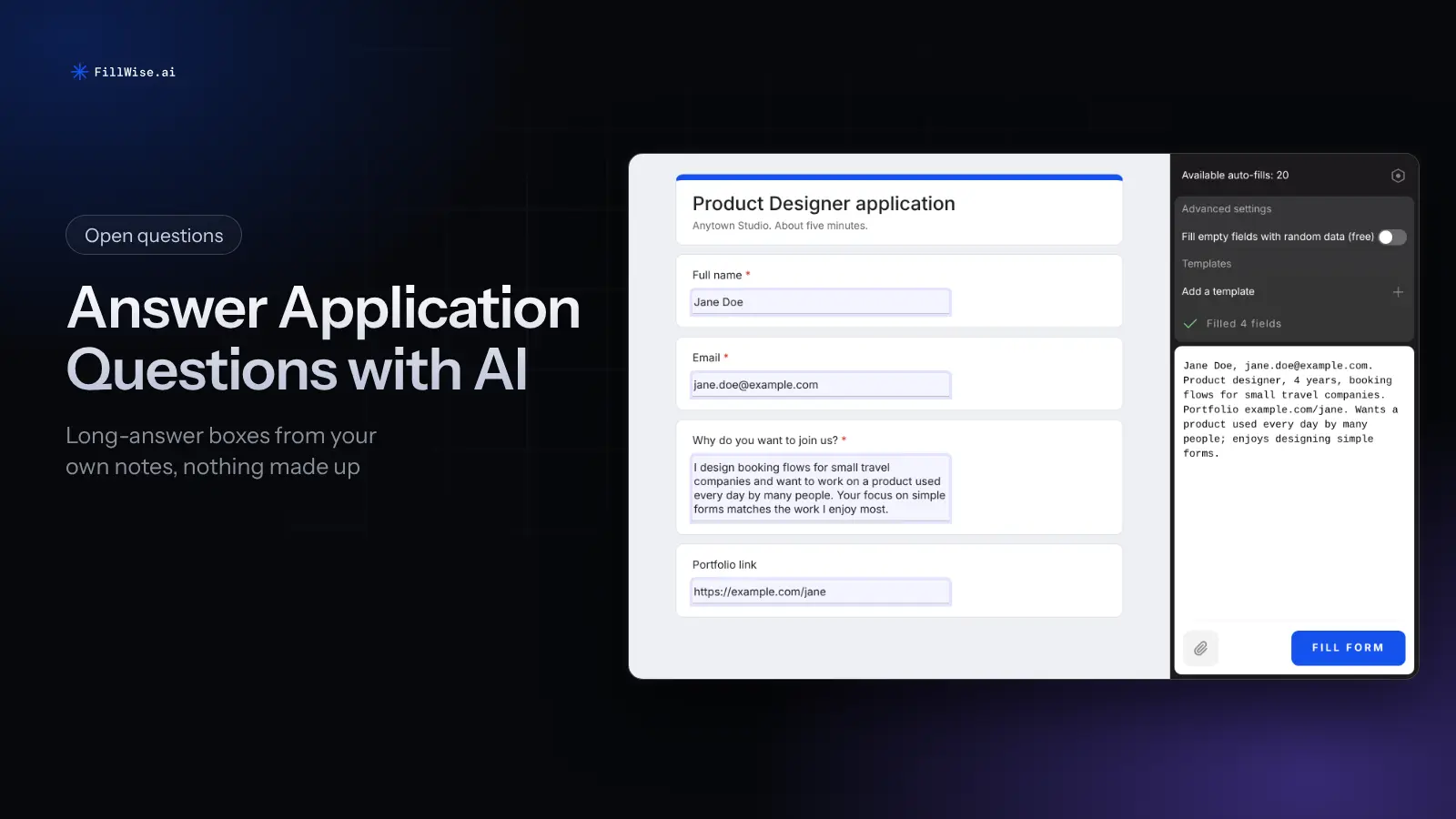 A job application with the name and email filled in and a short answer written in the "Why do you want to join us?" box, next to the FillWise side panel