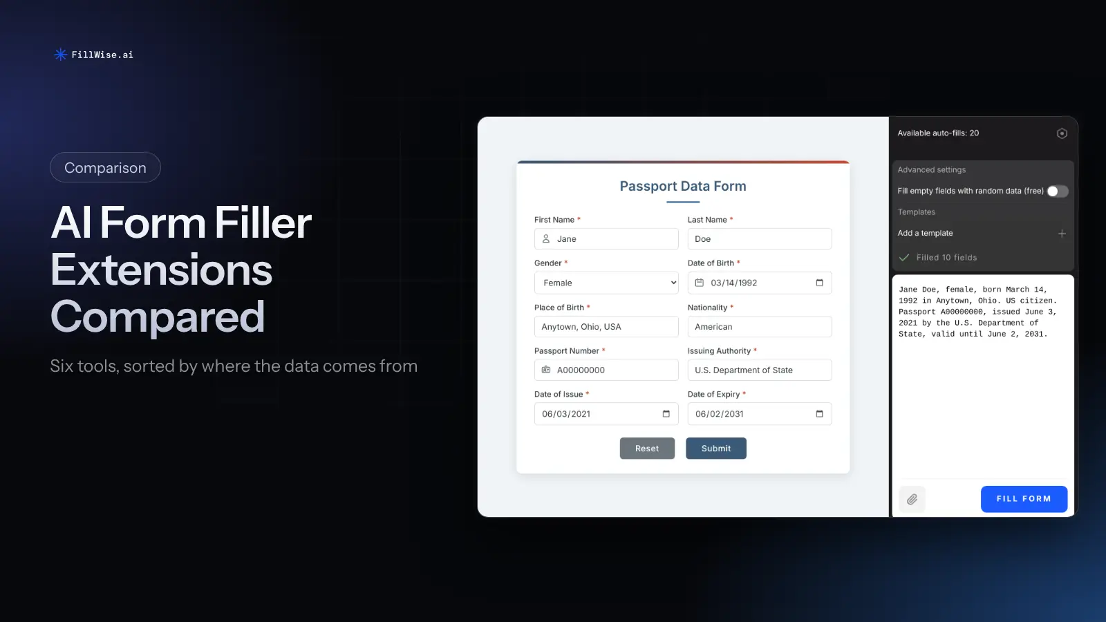 A passport data form filled in from a pasted description of the passport, next to the FillWise side panel