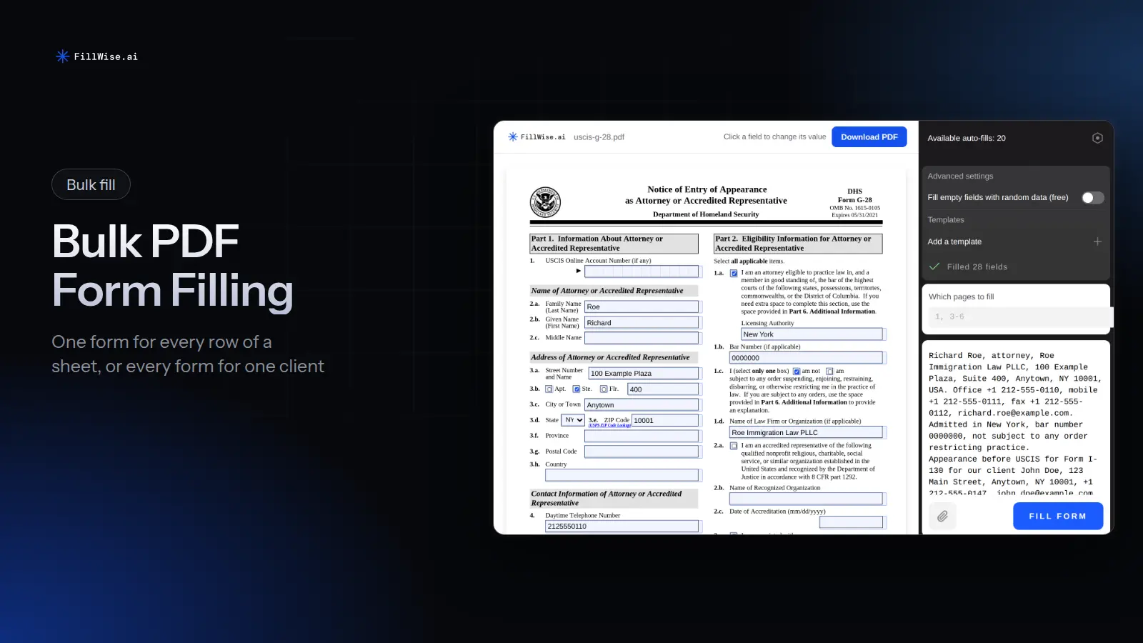 A USCIS G-28 filled in from client notes in the FillWise live demo, under a Bulk fill title