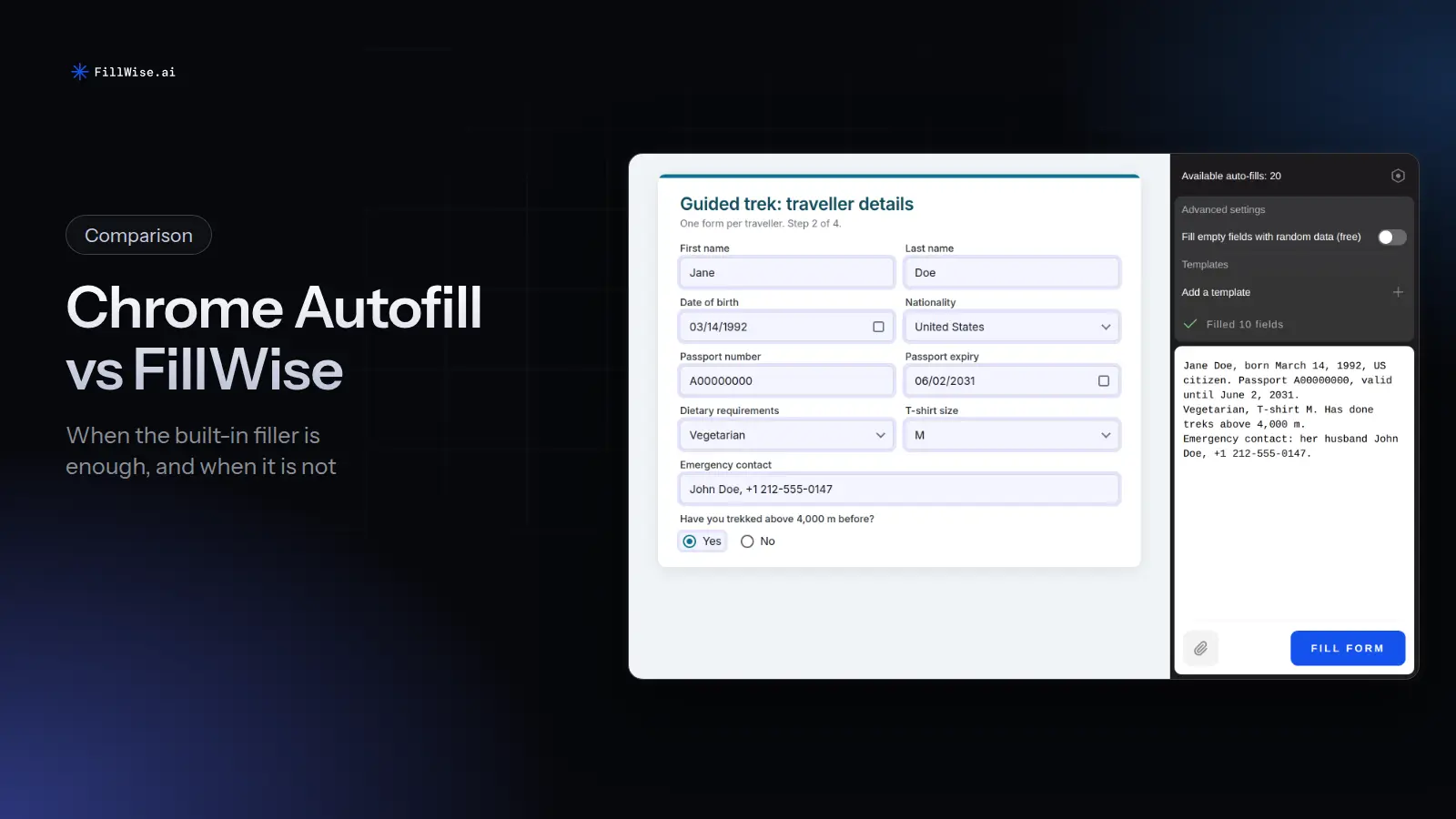 A trek booking form with passport details, dietary needs and an emergency contact filled in from notes in the FillWise side panel