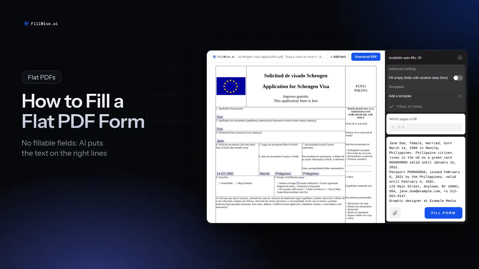 A flat Schengen visa application PDF with names, dates and places typed onto its lines in the FillWise editor, next to the side panel