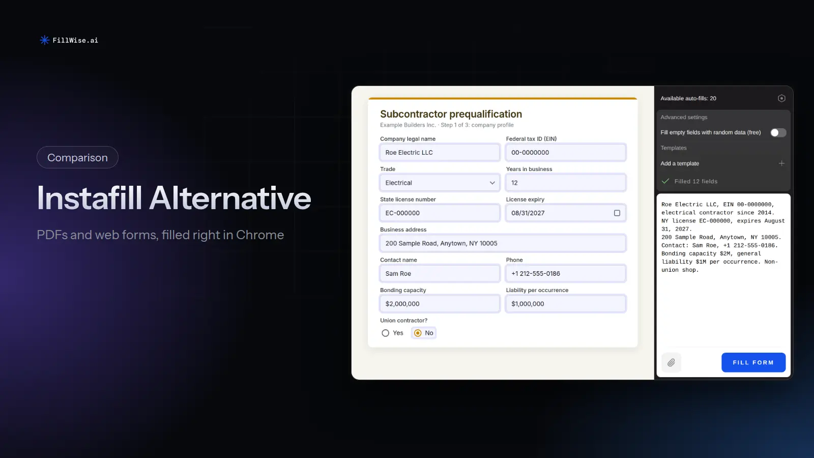 A subcontractor prequalification web form filled in from company notes in the FillWise side panel