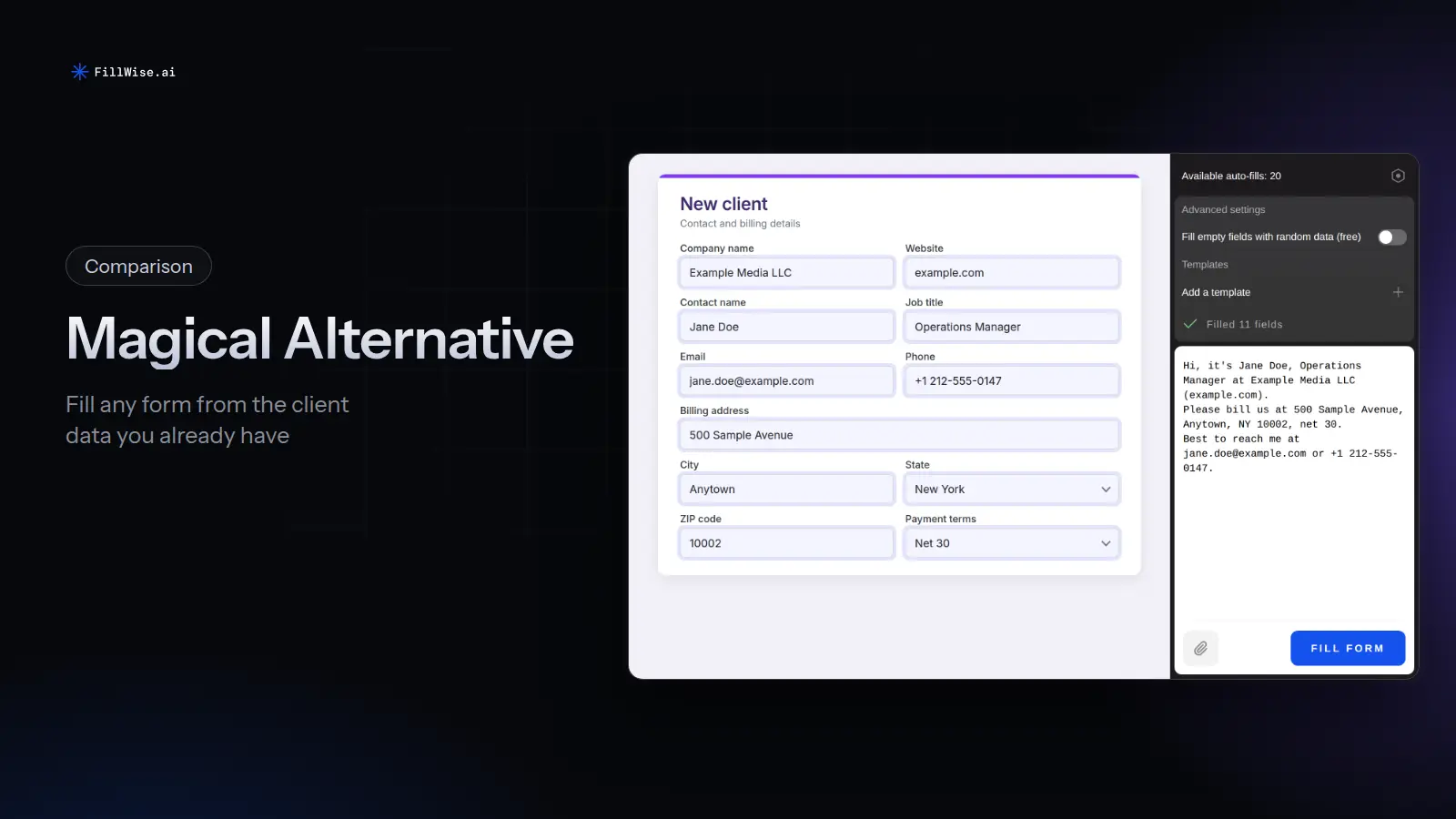 A new client form with contact and billing details filled in from an email pasted into the FillWise side panel