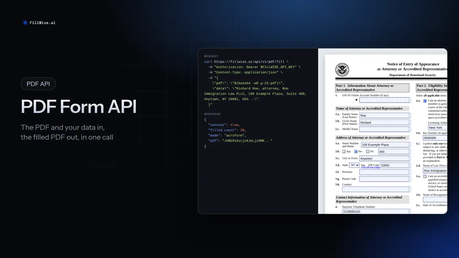 A curl request to the FillWise PDF API and its JSON response, next to the filled first page of a USCIS G-28