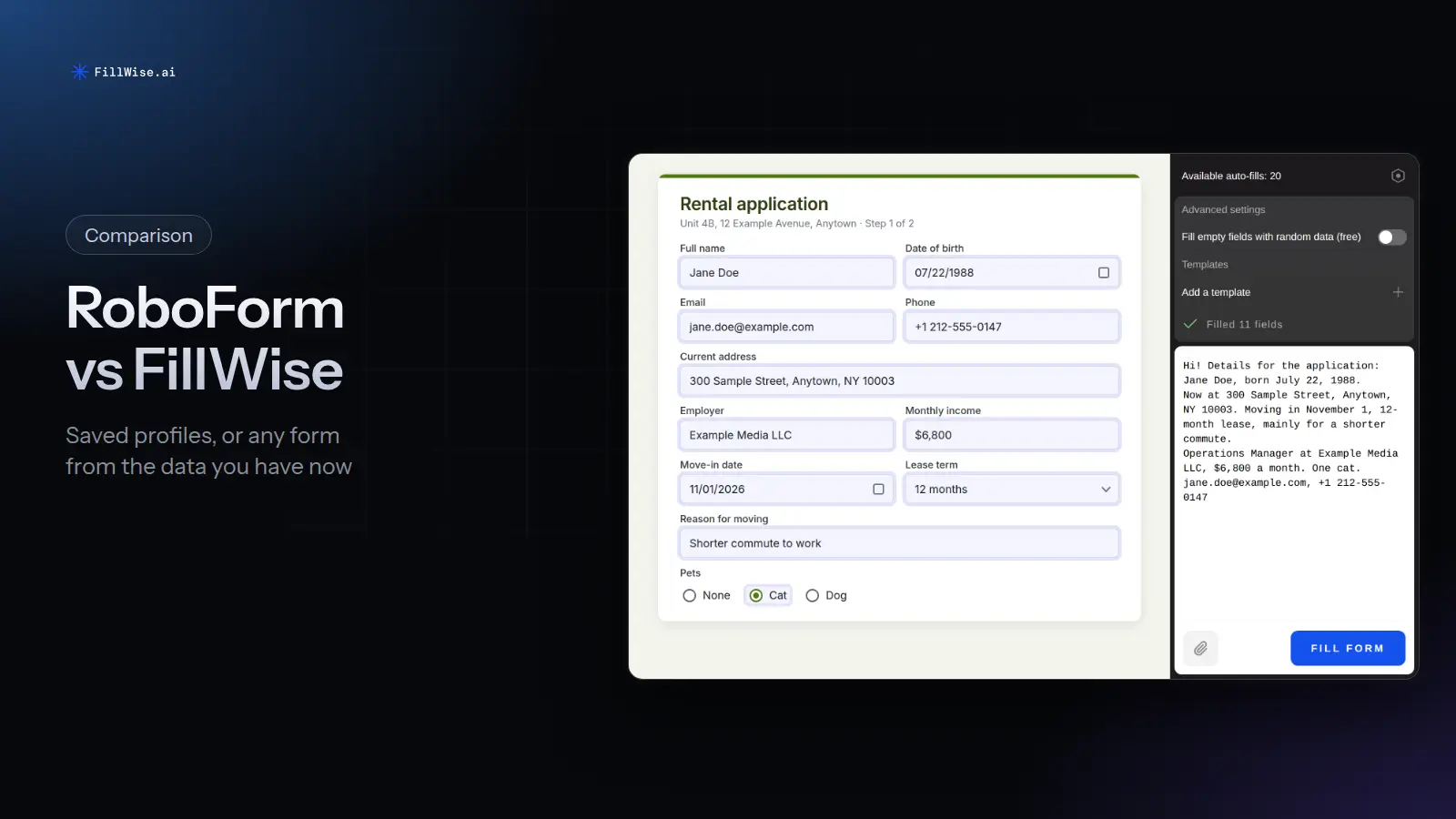 A rental application with the applicant's contact, job, income and move-in details filled in from an email in the FillWise side panel