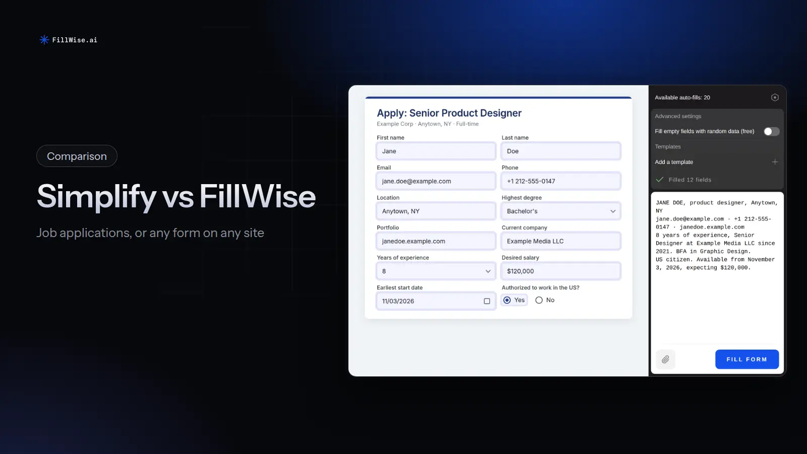 A job application form filled in from a resume header pasted into the FillWise side panel
