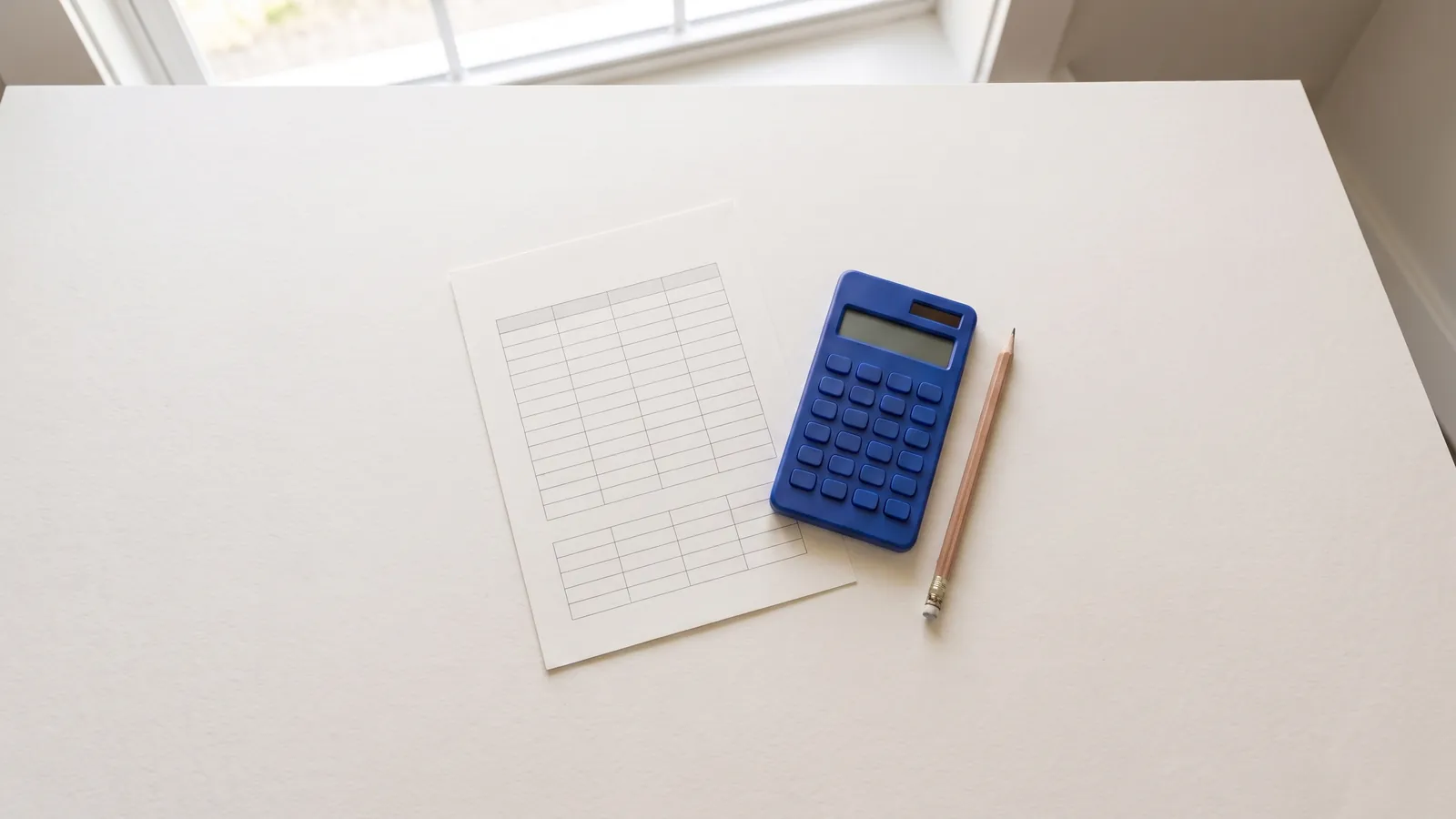 A printed spreadsheet grid with a calculator and a pencil