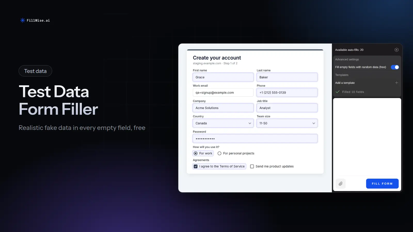A staging signup form filled with generated test data, next to the FillWise side panel with random data switched on
