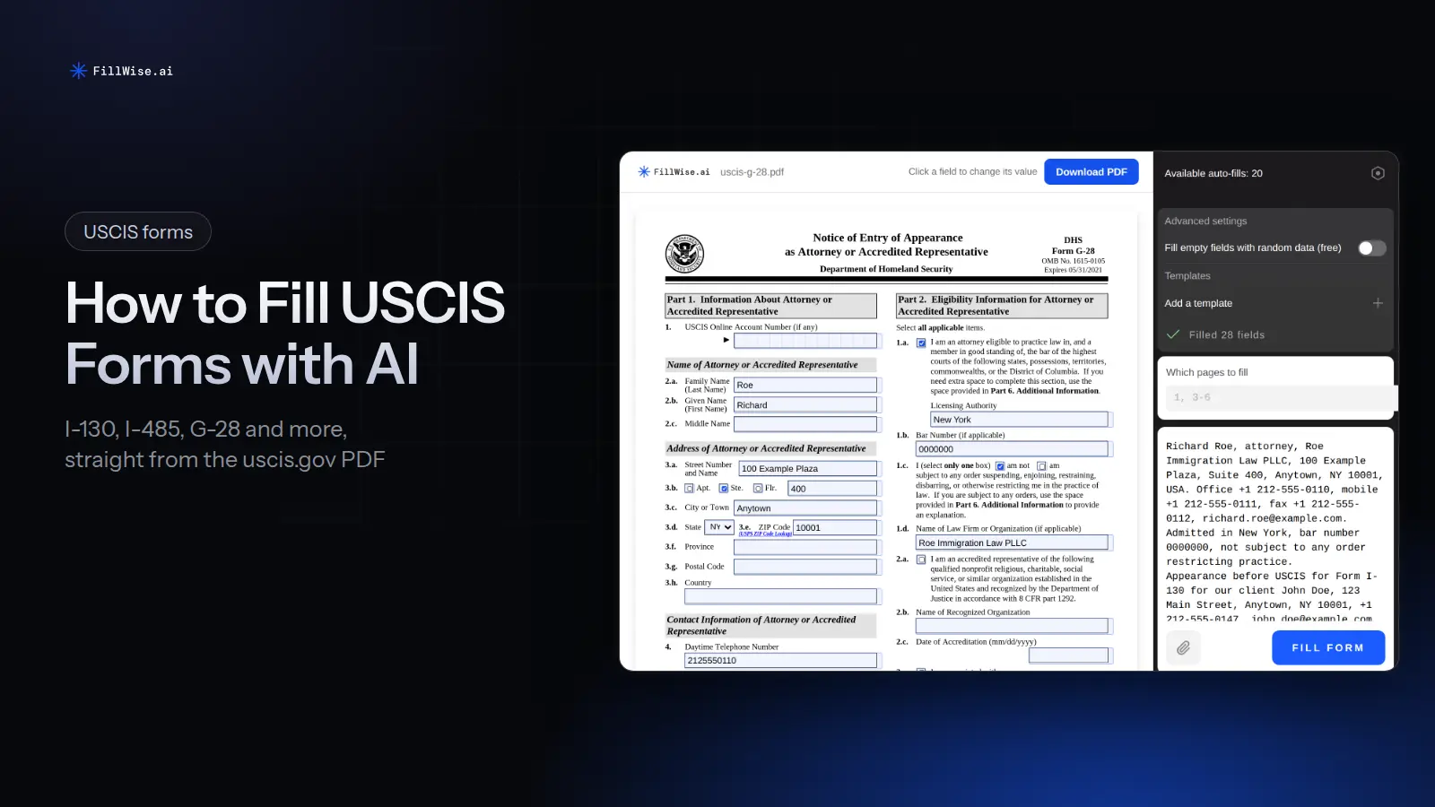 A USCIS G-28 PDF filled in from attorney and client notes, next to the FillWise side panel