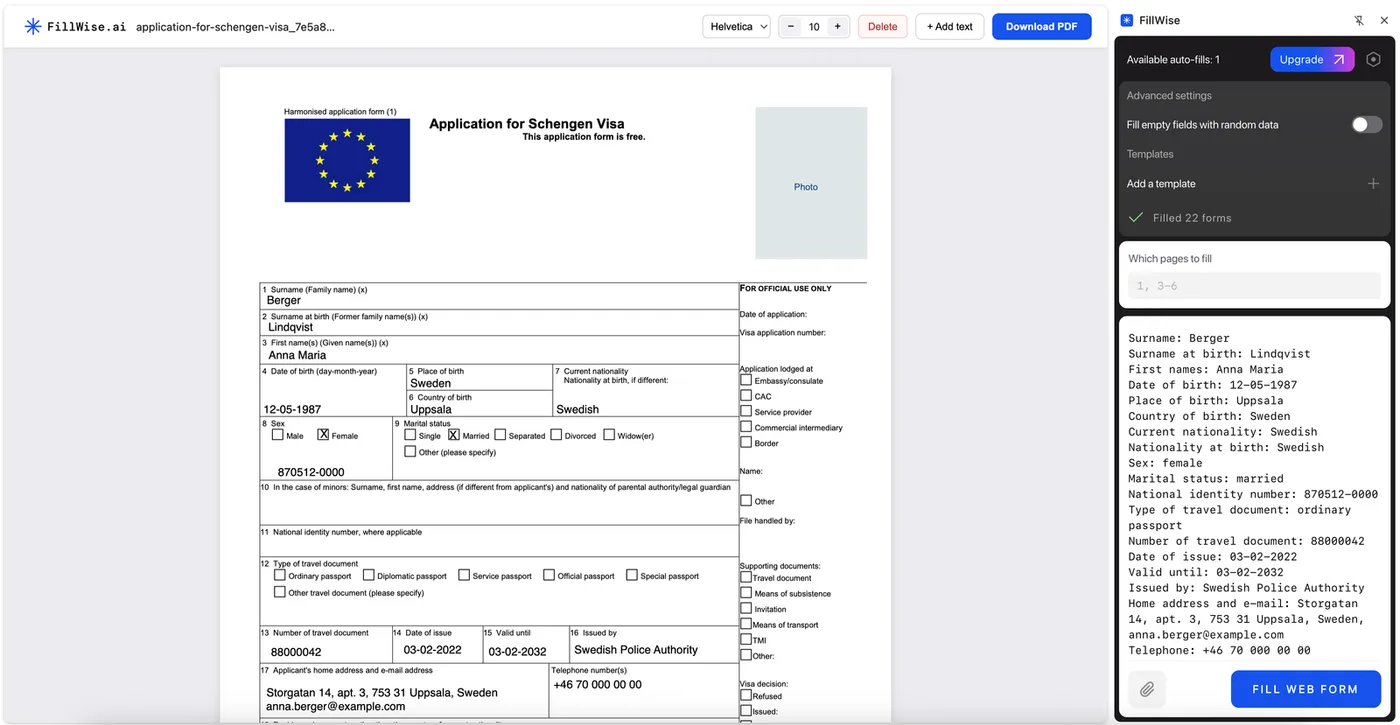 The same visa application after autofill, with names, passport details, dates and the sex and marital status checkboxes filled in, ready to download