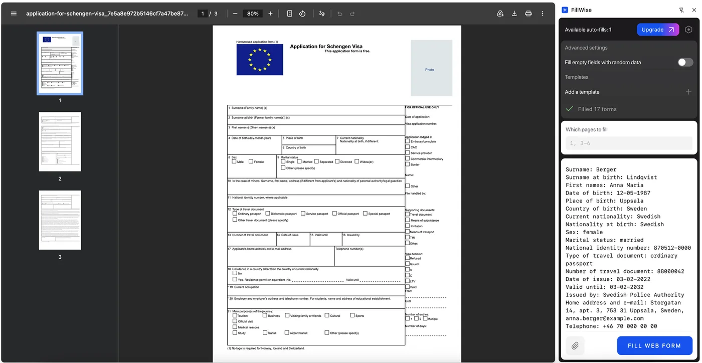 A blank Schengen visa application PDF open in a Chrome tab, with the FillWise side panel showing the pasted applicant data