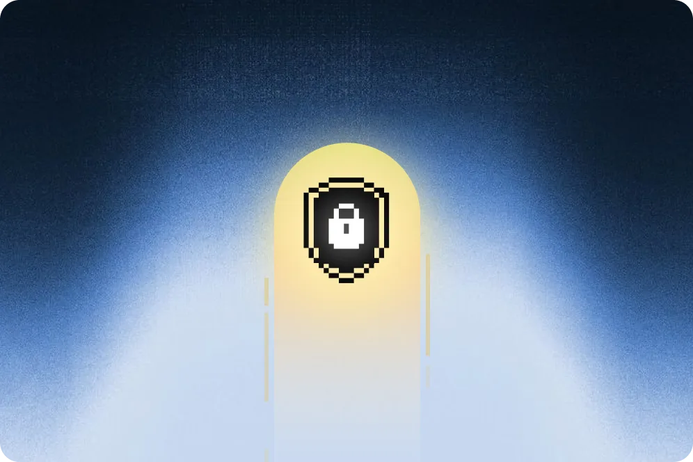 Pixel-art shield with a padlock representing secure encrypted data processing