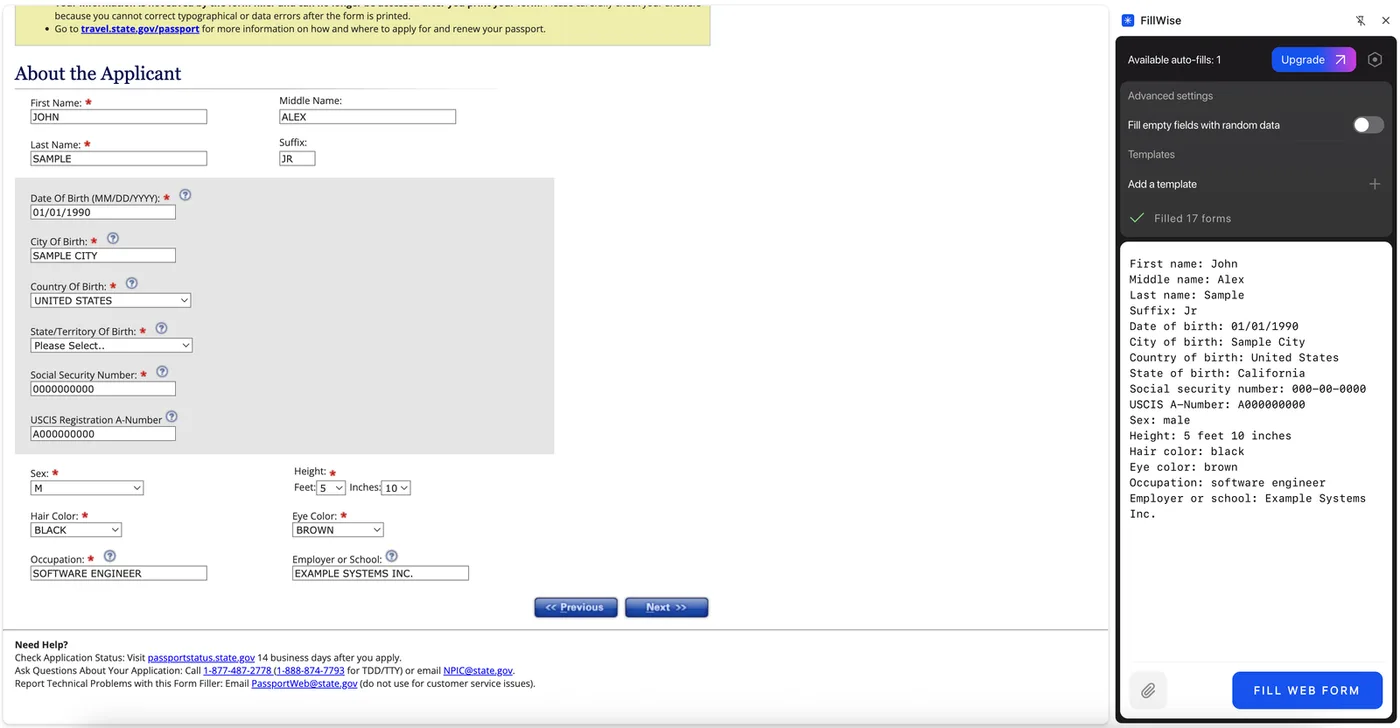 The same web form after autofill, with text fields filled and the sex, height, hair and eye colour dropdowns set