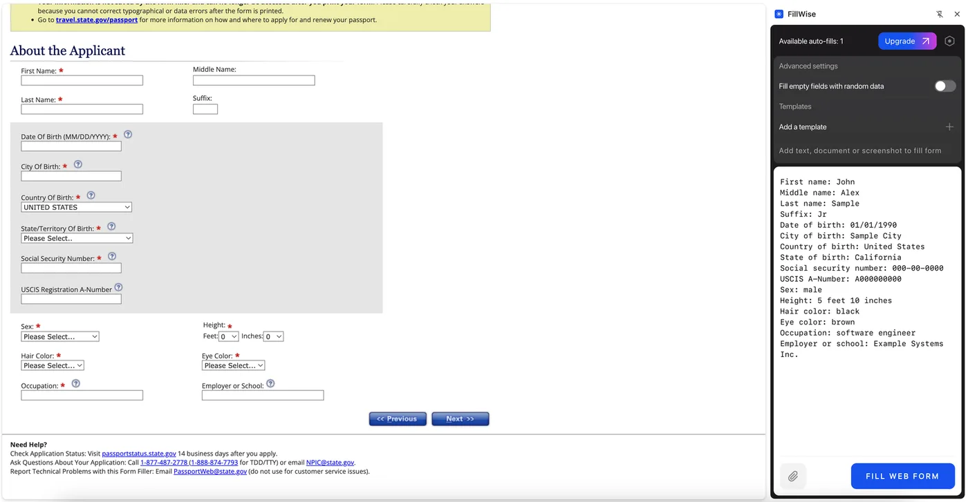 An empty passport application web form in Chrome, with the applicant data already pasted into the FillWise side panel